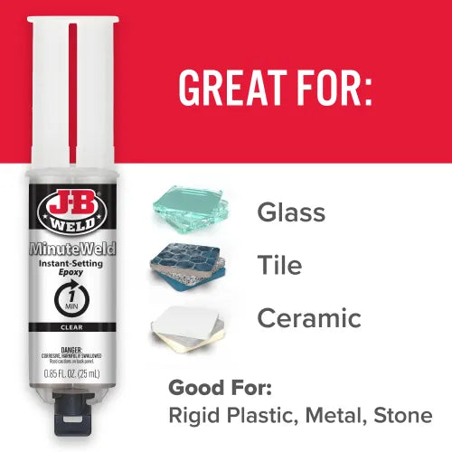 J-B Weld MinuteWeld™ Syringe - 25 ml is designed to adhere to multiple surfaces and can be used on ceramic, tile, glass, stone, most plastics, wood and metal. J-B Weld MinuteWeld™ Syringe - 25 ml is designed to adhere to multiple surfaces and can be used on ceramic, tile, glass, stone, most plastics, wood and metal.